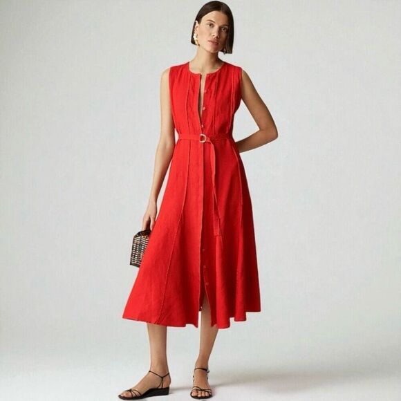 J. Crew Seamed linen dress with removable belt Red Arroyo Sz M Petite NWT CL042 - Picture 1 of 11